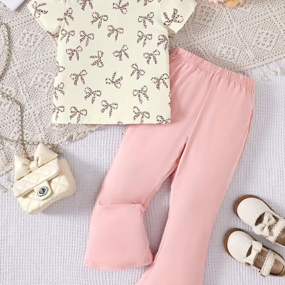 Casual Fashion Short-Sleeve Set w Bow Print Paired w Pink Flared Pants 7-8Y